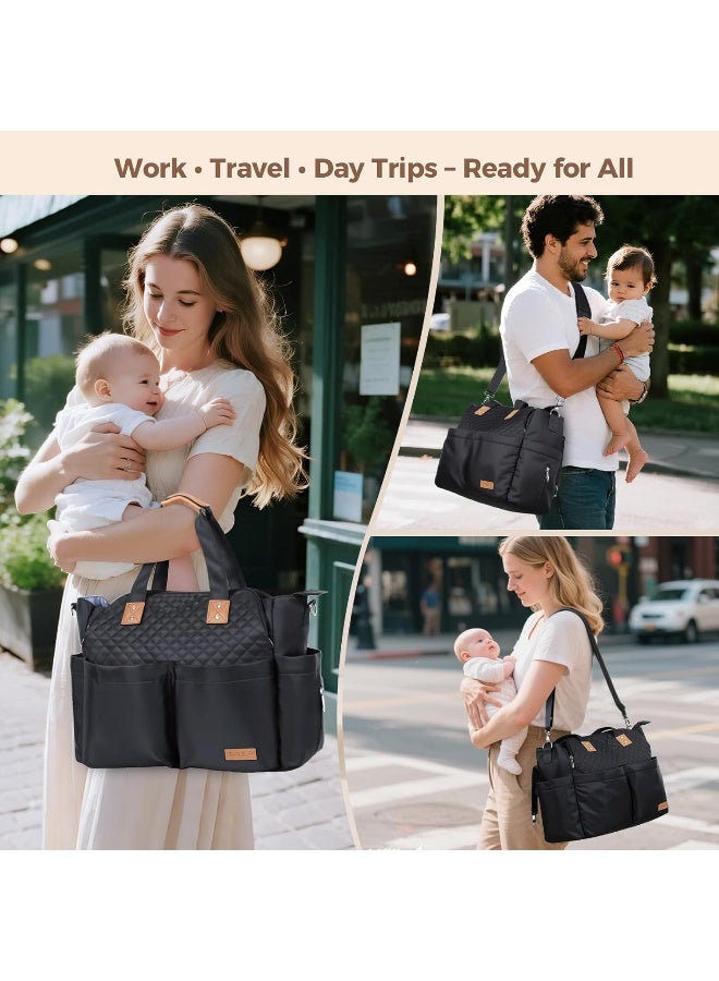 Lekebaby Diaper Bag Large Baby Bags for Mom and Dad, Travel Diaper Tote, Quilted Black - Image 5