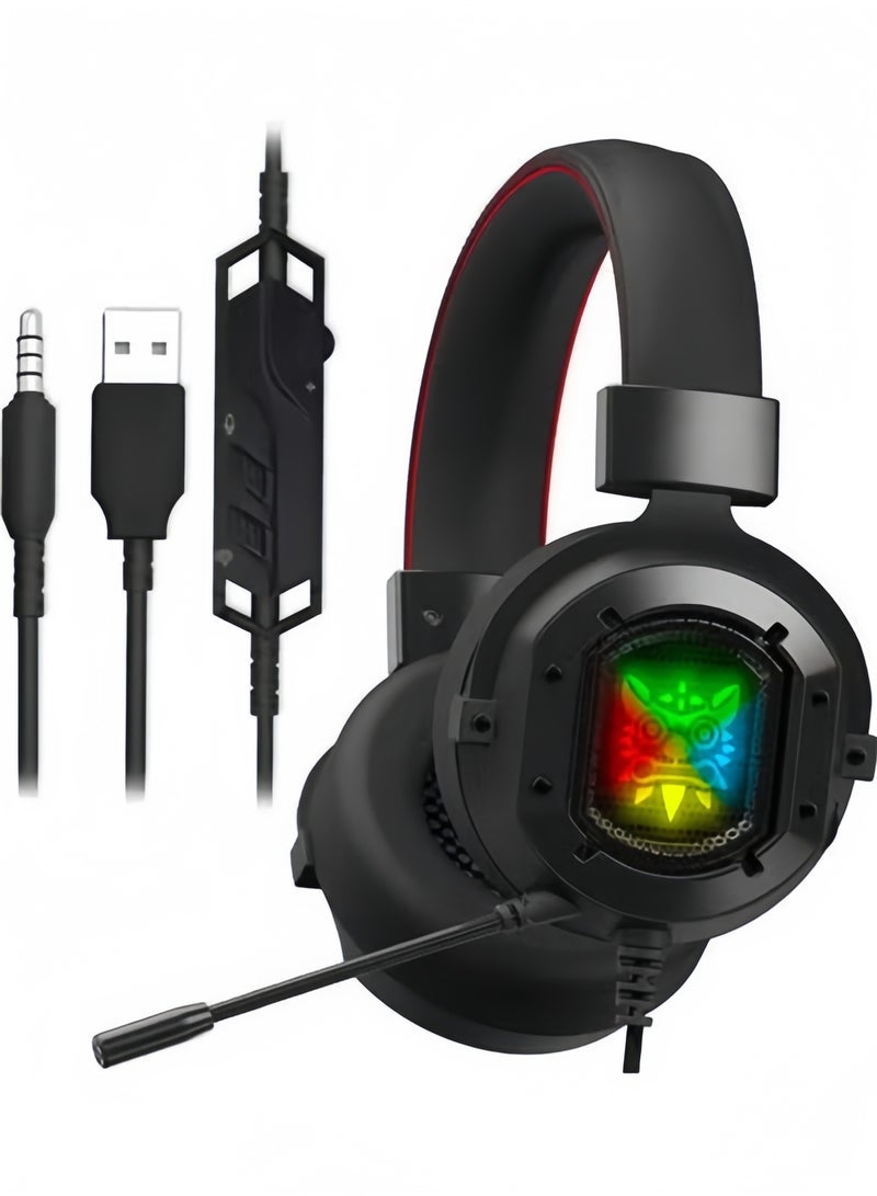 سماعة ألعاب سلكية مزودة بإضاءة LED RGB، وميكروفون عازل للضوضاء، ومنفذ صوت 3.5 ملم، تعمل بمنفذ USB، بتصميم مريح يغطي الأذن، متوافقة مع أجهزة الكمبيوتر الشخصية، وPS4، وPS5، وXbox، وSwitch، وأجهزة الكمبيوتر المحمولة، والهواتف المحمولة. - Image 1