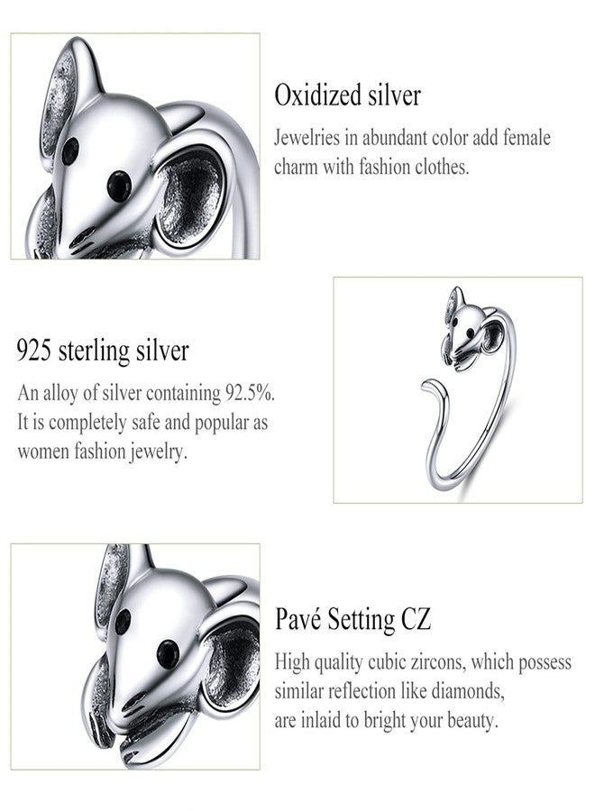 Qings Cute Mouse Ring 925 Sterling Silver Cubic Zirconia Open Ring, Adjustable Animal Wrap Ring Jewelry Gift for Women - Image 5