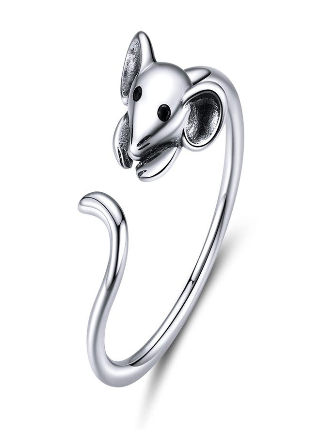 Qings Cute Mouse Ring 925 Sterling Silver Cubic Zirconia Open Ring, Adjustable Animal Wrap Ring Jewelry Gift for Women - Image 1