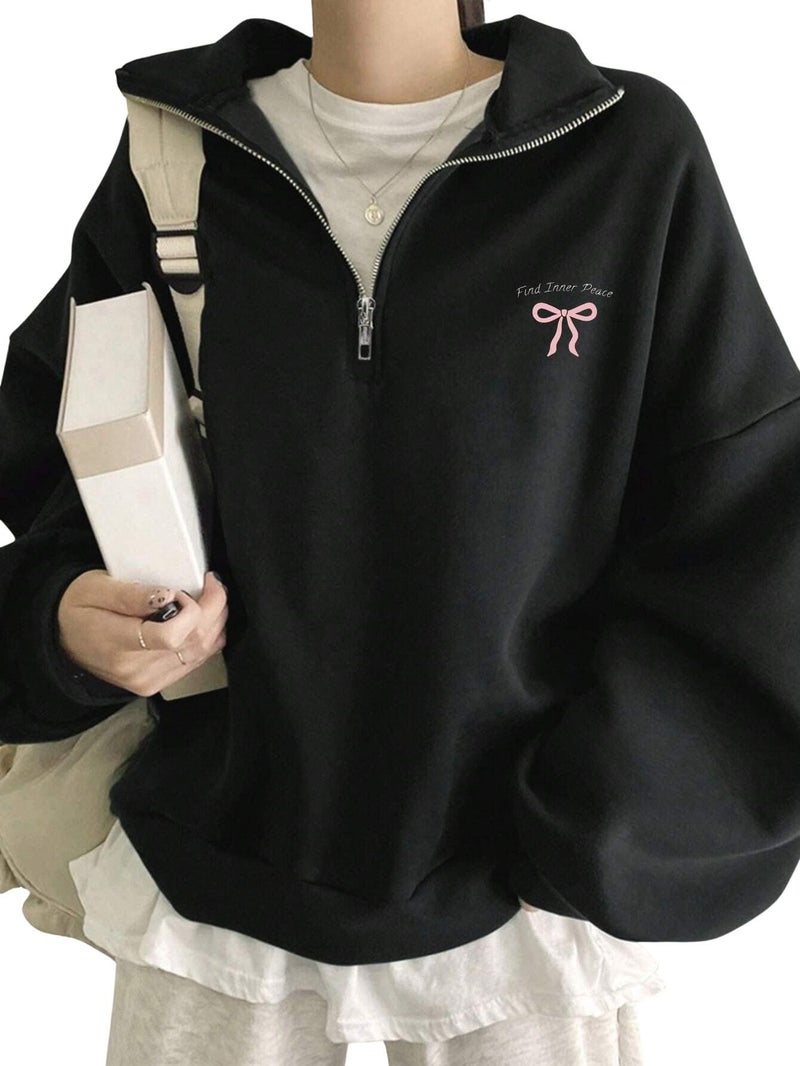 SXV STYLE Women's Half Zip Sweatshirt with Bow, Find Inner Peace, Long Sleeve Pullover, Casual Oversized Fit (in, Alpha, XL, Black) - Image 1