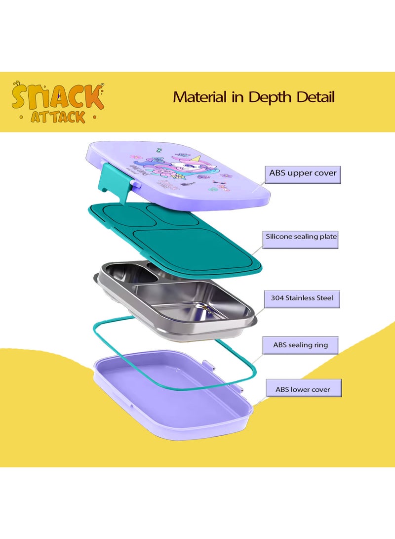 Snack attack Kids Bento Lunch Box with Spoon & Fork – Leakproof 3-Compartment Stainless Steel Lunchbox for Girls – BPA-Free, Cute Cartoon Design, Easy to Open, Ideal for School & Daycare Unicorn Theme - Image 4