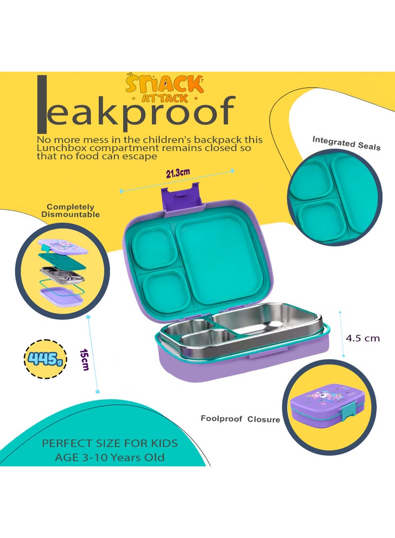Snack attack Kids Bento Lunch Box with Spoon & Fork – Leakproof 3-Compartment Stainless Steel Lunchbox for Girls – BPA-Free, Cute Cartoon Design, Easy to Open, Ideal for School & Daycare Unicorn Theme - Image 2