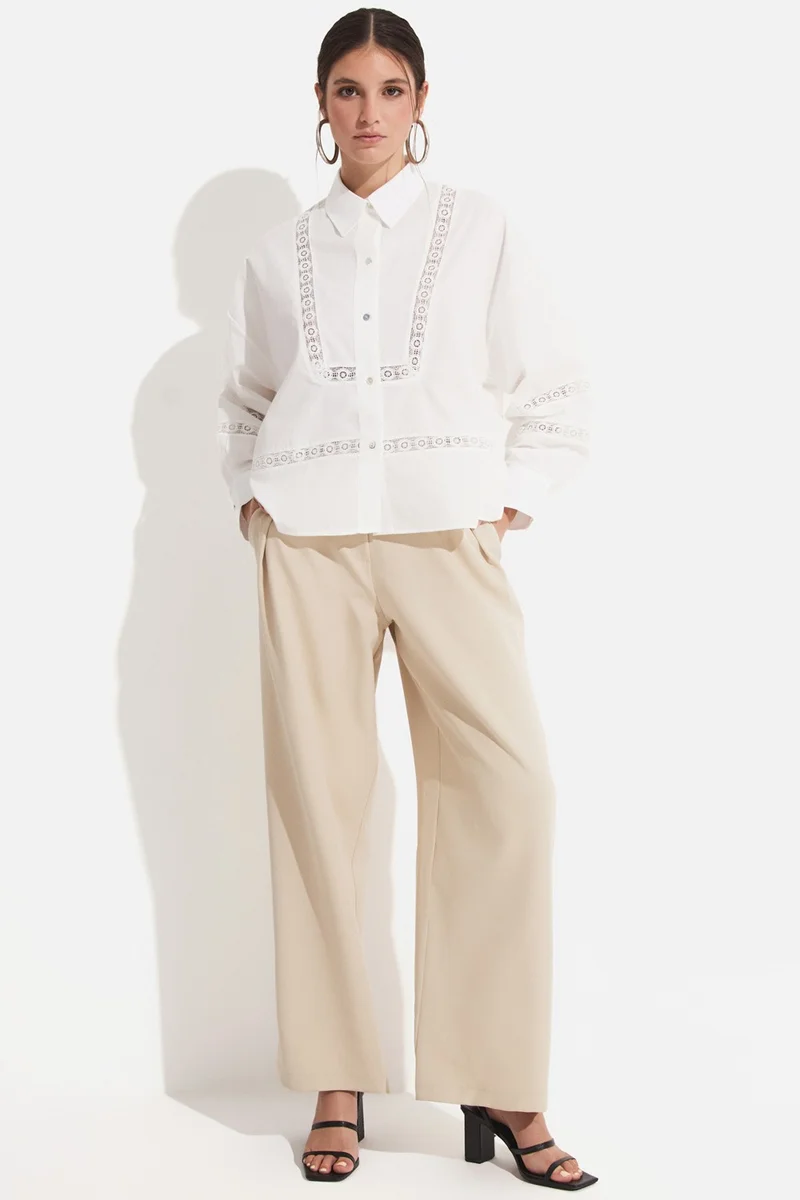 JUNE Women's Exclusive Oversize/loose Cut 100% Cotton Guipure Detailed Shirt