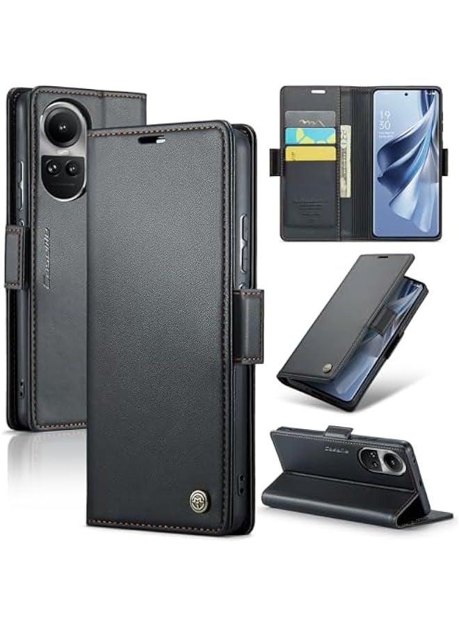 Oppo Reno 10 5G\/10PRO RFID Blocking Case - Durable Leather, Card Holder, Kickstand, Magnetic Closure, Shockproof Flip Case (Black) - Image 1