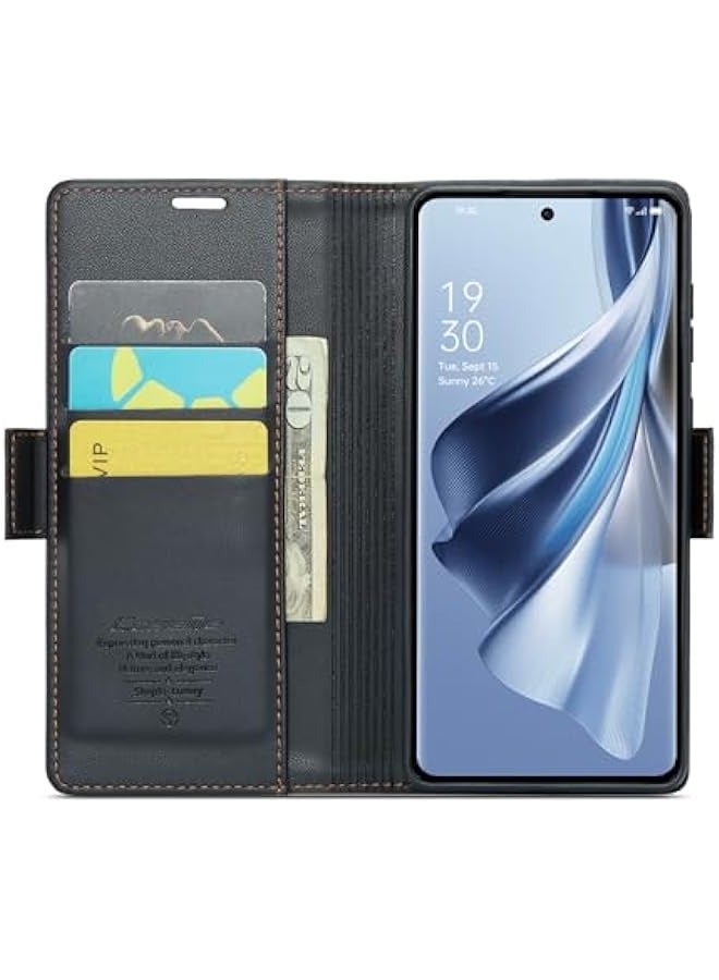 Oppo Reno 10 5G\/10PRO RFID Blocking Case - Durable Leather, Card Holder, Kickstand, Magnetic Closure, Shockproof Flip Case (Black) - Image 2