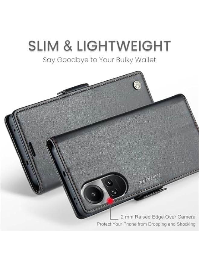 Oppo Reno 10 5G\/10PRO RFID Blocking Case - Durable Leather, Card Holder, Kickstand, Magnetic Closure, Shockproof Flip Case (Black) - Image 3