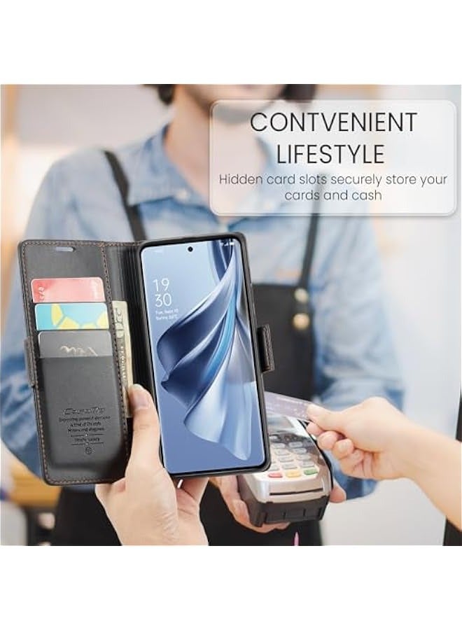 Oppo Reno 10 5G\/10PRO RFID Blocking Case - Durable Leather, Card Holder, Kickstand, Magnetic Closure, Shockproof Flip Case (Black) - Image 5