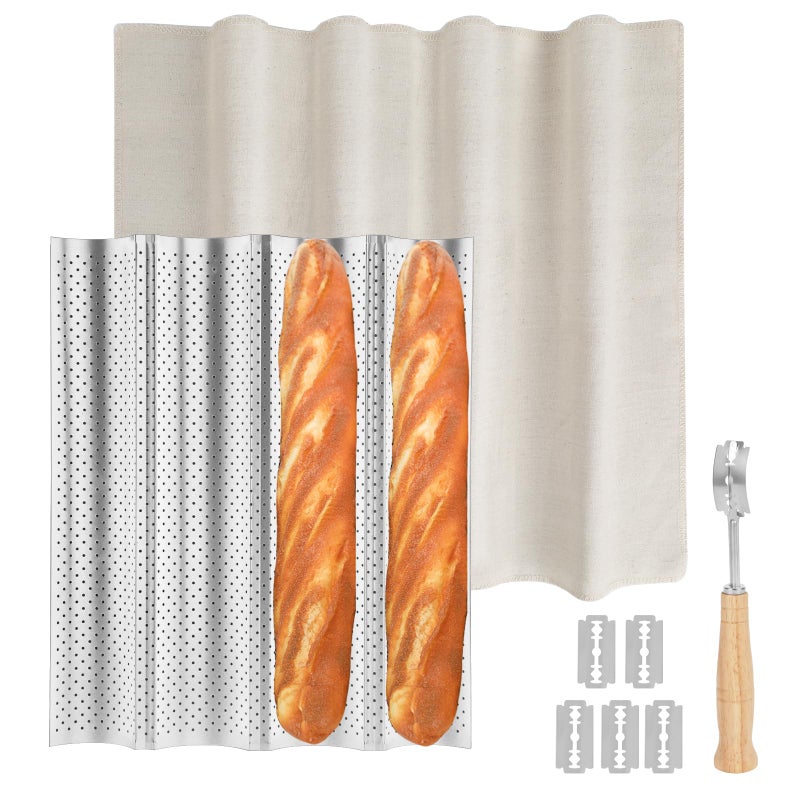 Spmarkt Silver French Baguette Bread Pan Kit, Non-Stick Baguette Tray with Proofing Cloth, Bread Lame for Baking - Image 1