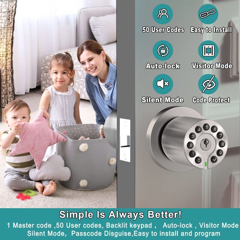BOTHSTAR Keypad Door Knob with Key,Keyless Entry Door Lock, Code Locks Door Knob, Auto Lock,50 User Code, for Home,Office,Hotel,Bedroom,Garage,Not Deadbolt - Image 2