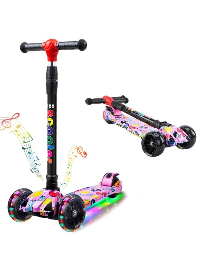 Kids Scooter, 3 Wheel Kick Scooter with Foldable & Height Adjustable Handle, Flashing Wheels & Music Pedal Light for Boys and Girls, Flash Skate Scooter for Kids Age 2-14 Years, K03 (Graffiti Pink)  - Image 1