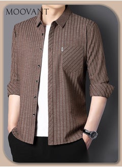 Men's Long Sleeve Shirt, Soft & Comfortable Mulberry Silk Fabric Pocket Striped Shirt, Outdoor Walking Wear Top Shirt Coat, Men Daily Business Casual Clothing, Brown