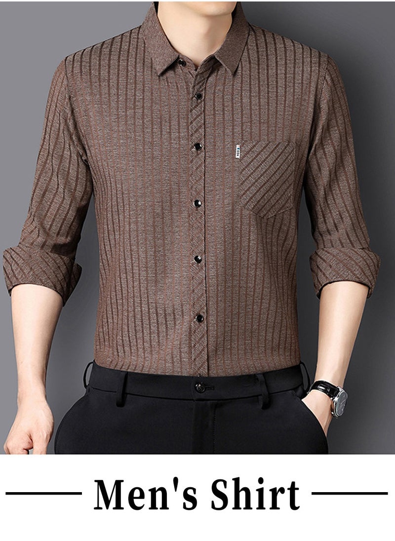 Moovant - Men's Long Sleeve Shirt, Soft & Comfortable Mulberry Silk Fabric Pocket Striped Shirt, Outdoor Walking Wear Top Shirt Coat, Men Daily Business Casual Clothing, Brown - Image 1