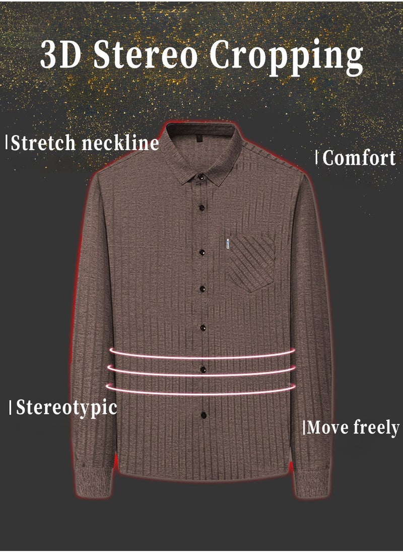 Moovant - Men's Long Sleeve Shirt, Soft & Comfortable Mulberry Silk Fabric Pocket Striped Shirt, Outdoor Walking Wear Top Shirt Coat, Men Daily Business Casual Clothing, Brown - Image 1