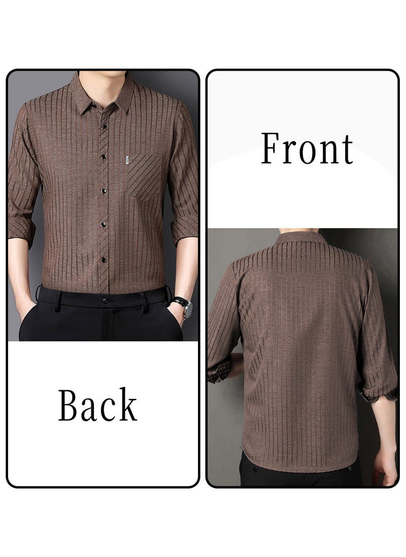 Moovant - Men's Long Sleeve Shirt, Soft & Comfortable Mulberry Silk Fabric Pocket Striped Shirt, Outdoor Walking Wear Top Shirt Coat, Men Daily Business Casual Clothing, Brown - Image 1