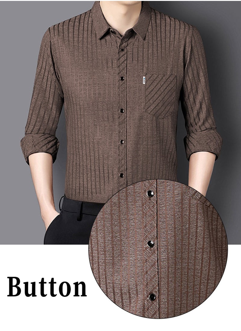Moovant - Men's Long Sleeve Shirt, Soft & Comfortable Mulberry Silk Fabric Pocket Striped Shirt, Outdoor Walking Wear Top Shirt Coat, Men Daily Business Casual Clothing, Brown - Image 1