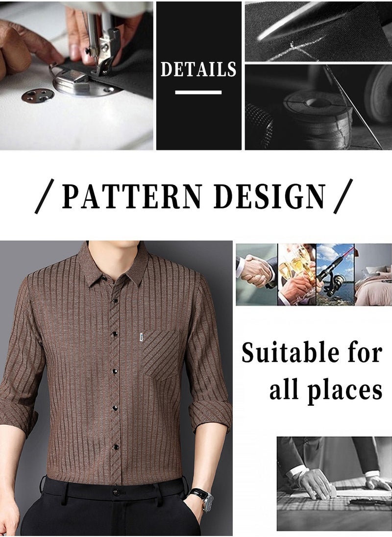 Moovant - Men's Long Sleeve Shirt, Soft & Comfortable Mulberry Silk Fabric Pocket Striped Shirt, Outdoor Walking Wear Top Shirt Coat, Men Daily Business Casual Clothing, Brown - Image 1