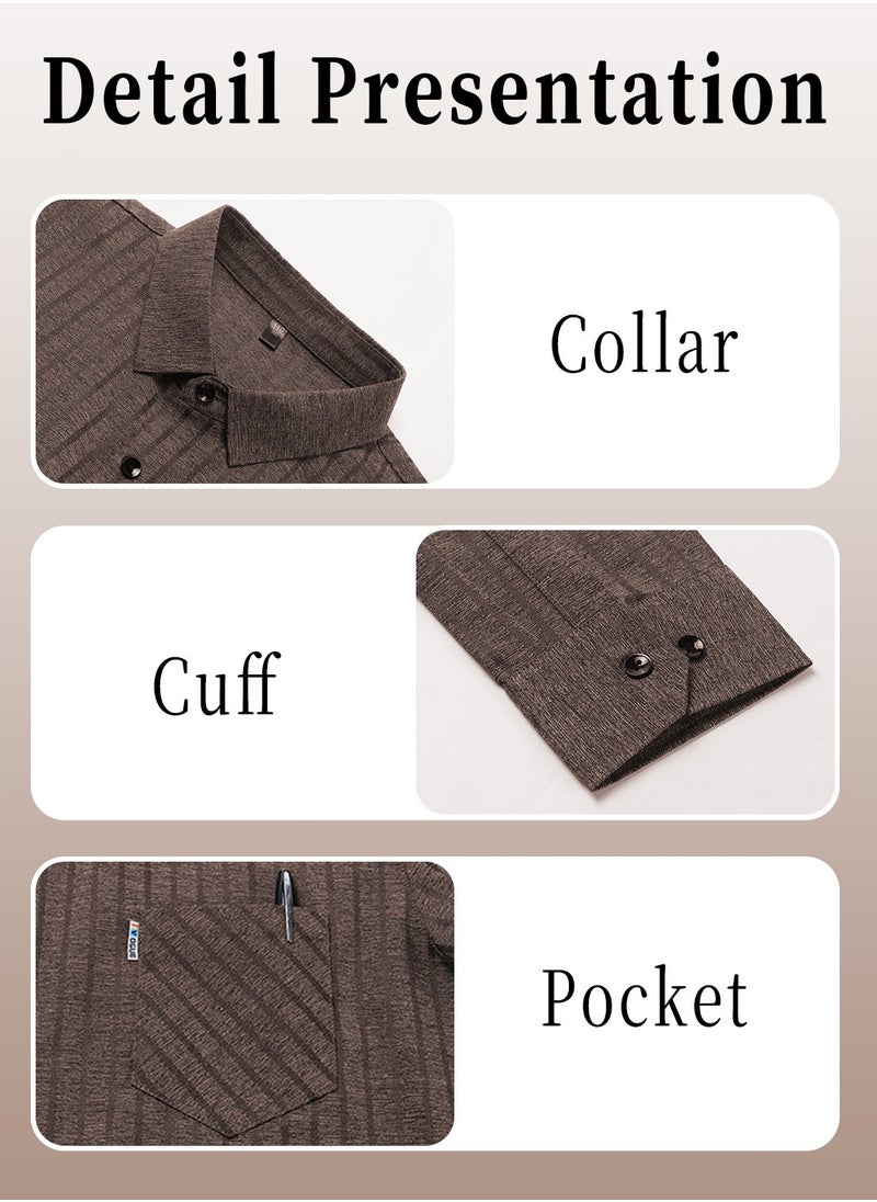 Moovant - Men's Long Sleeve Shirt, Soft & Comfortable Mulberry Silk Fabric Pocket Striped Shirt, Outdoor Walking Wear Top Shirt Coat, Men Daily Business Casual Clothing, Brown - Image 1