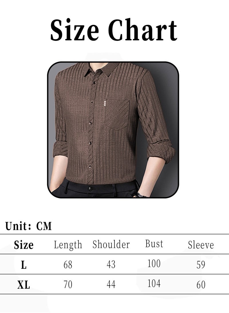 Moovant - Men's Long Sleeve Shirt, Soft & Comfortable Mulberry Silk Fabric Pocket Striped Shirt, Outdoor Walking Wear Top Shirt Coat, Men Daily Business Casual Clothing, Brown - Image 1