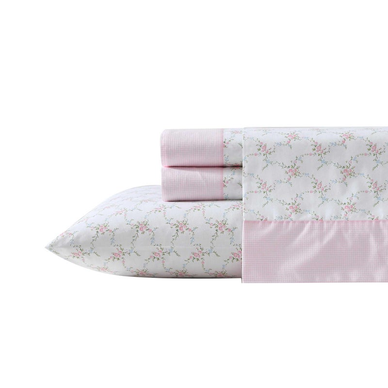 Laura Ashley Queen Size Sheet Set Crisp Lightweight Cotton Percale Bedding with Fitted Sheet and Pillowcases Floral Room Decor Deep Pocket College Dorm Room Essentials Lynda Pink - Image 2