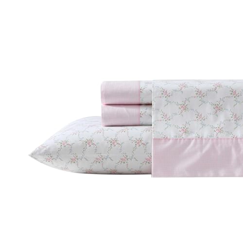 Laura Ashley Queen Size Sheet Set Crisp Lightweight Cotton Percale Bedding with Fitted Sheet and Pillowcases Floral Room Decor Deep Pocket College Dorm Room Essentials Lynda Pink - Image 1