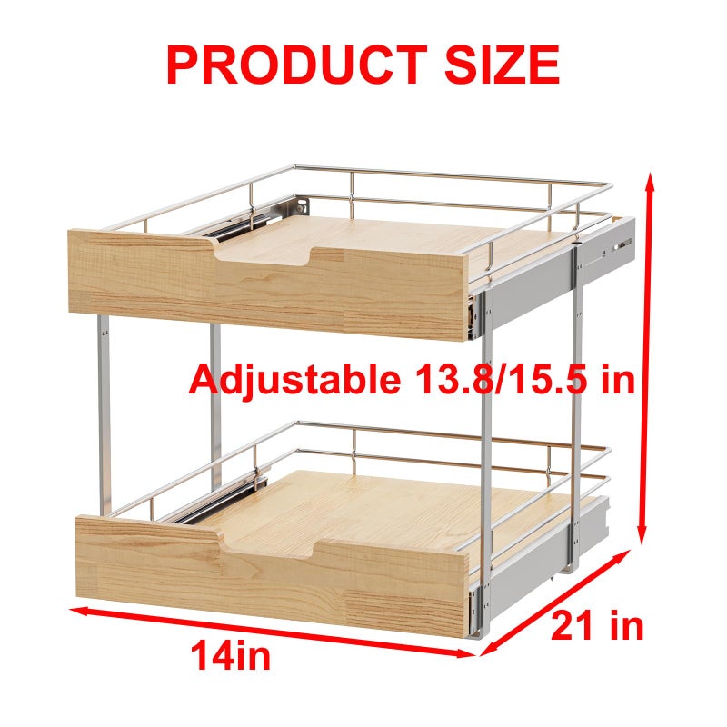 Sikarou Pull Out Cabinet Organizer,Heavy-Duty Slide Out Shelf, Wood and Wire Basket, Pull Out Drawer for for Kitchen Under Sink Space, Pantry, Bathroom, 2 Tie 14 * 21 in - Image 2