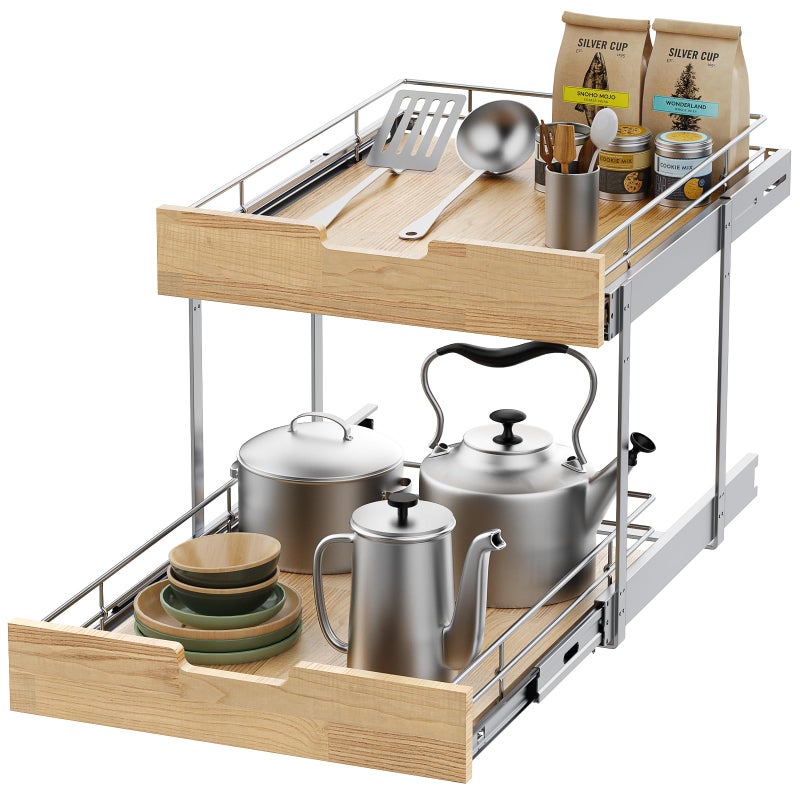 Sikarou Pull Out Cabinet Organizer,Heavy-Duty Slide Out Shelf, Wood and Wire Basket, Pull Out Drawer for for Kitchen Under Sink Space, Pantry, Bathroom, 2 Tie 14 * 21 in - Image 1