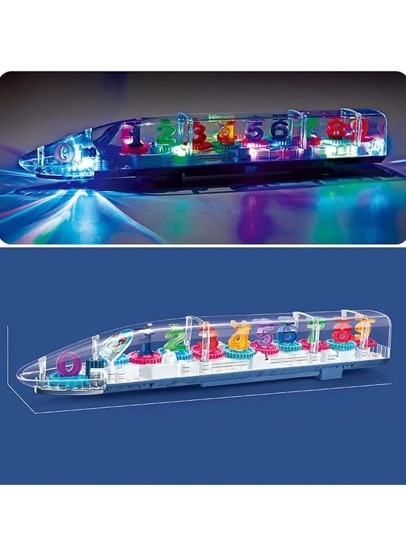 3D Transparent Toy Bullet Train – 360° Rotating | Moving Gears, Flashing Lights & Music | Bump-and-Go Action | Educational Toy for Kids Ages 3+ - Image 1