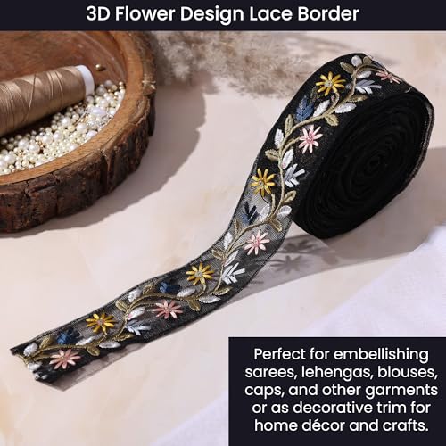 DaSync SYNC Black Lace Border Materials Embroidered Embroidery Sari Saree Blouse Dress Gown Decoration 9 metre Floral Flower lace Border - Image 4