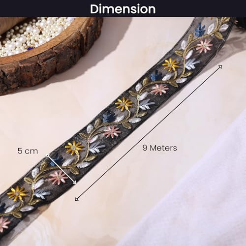 DaSync SYNC Black Lace Border Materials Embroidered Embroidery Sari Saree Blouse Dress Gown Decoration 9 metre Floral Flower lace Border - Image 2