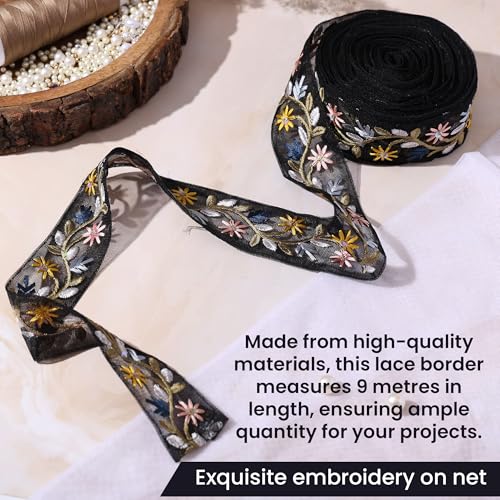 DaSync SYNC Black Lace Border Materials Embroidered Embroidery Sari Saree Blouse Dress Gown Decoration 9 metre Floral Flower lace Border - Image 3