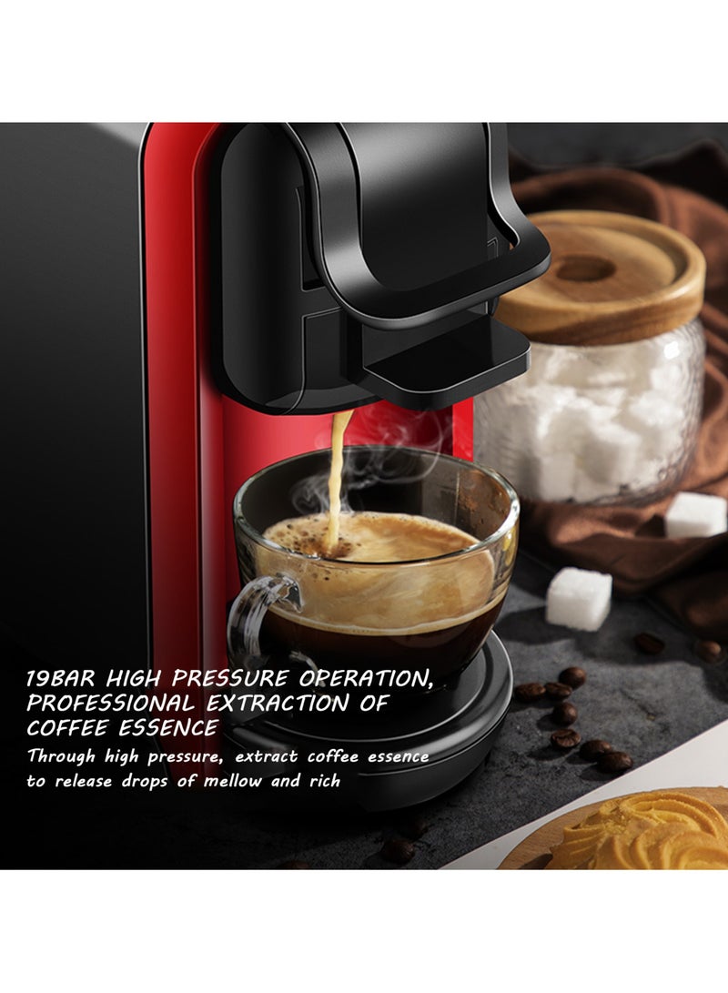 متجر الفرح ماكينة صنع الإسبريسو لكبسولات نسبرسو، كبسولات لافاتزا الزرقاء ومسحوق القهوة، ضغط مضخة 19 بار لصنع قهوة إسبريسو أصلية، آلات صنع قهوة إسبريسو صغيرة 1450 وات باللونين الأسود/الأحمر مع خزان مياه قابل للإزالة سعة 600 مل - Image 2