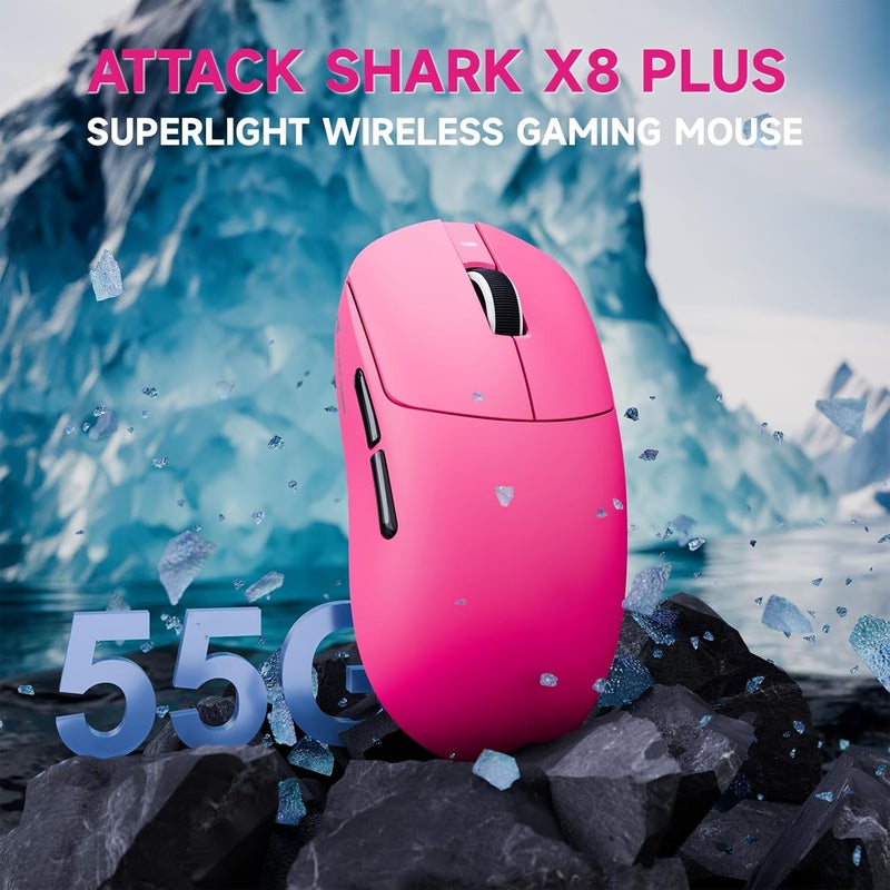 MAMBASNAKE ماوس ألعاب لاسلكي Attack Shark X8PLUS، مستشعر PixArt PAW3395PRO، 40000 نقطة في البوصة، بلوتوث/2.4 جيجاهرتز/سلكي، فائق الخفة 55 جرام، أرجل PTFE مزدوجة الطبقة، لأجهزة الكمبيوتر/Xbox/Mac (أحمر توتي) - Image 2
