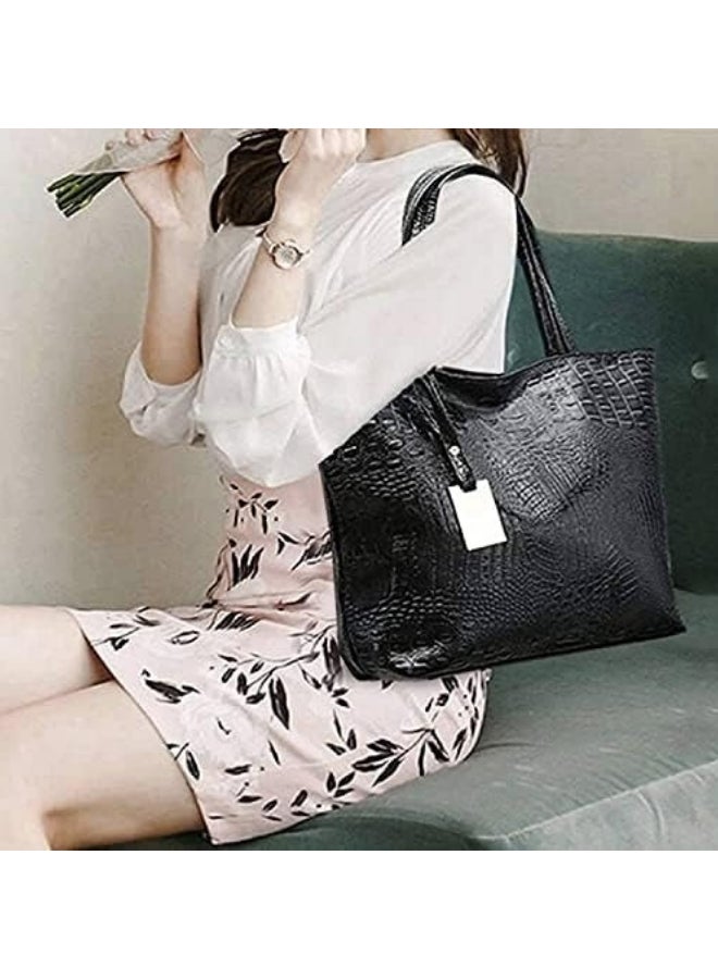 Women's Crocodile Textured Tote Bag, Ladies Large Capacity Handbag Clutch Bag Satchel Bags Shopping Bag, PU Leather Shoulder Bag Sling Bag Side Bag Tourist Bag for Girls/College Students - Image 2