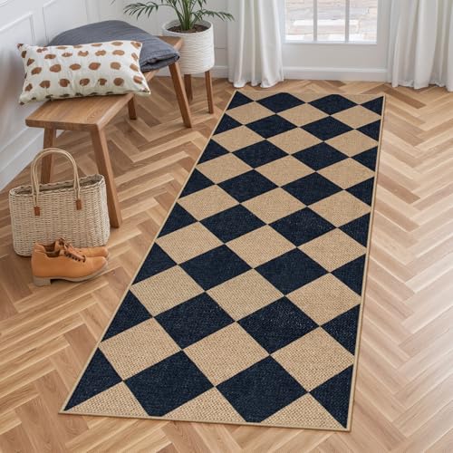 La Home Lahome Checkered Easy Jute Runner, 2x6 Kitchen Runner Rug Non Slip Washable Outdoor Rug for Entryway Indoor, Checkerboard Black Indoor Outdoor Carpet for Hallway 6ft Entry Front Door - Image 1