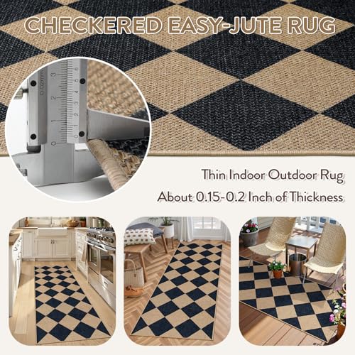 La Home Lahome Checkered Easy Jute Runner, 2x6 Kitchen Runner Rug Non Slip Washable Outdoor Rug for Entryway Indoor, Checkerboard Black Indoor Outdoor Carpet for Hallway 6ft Entry Front Door - Image 3