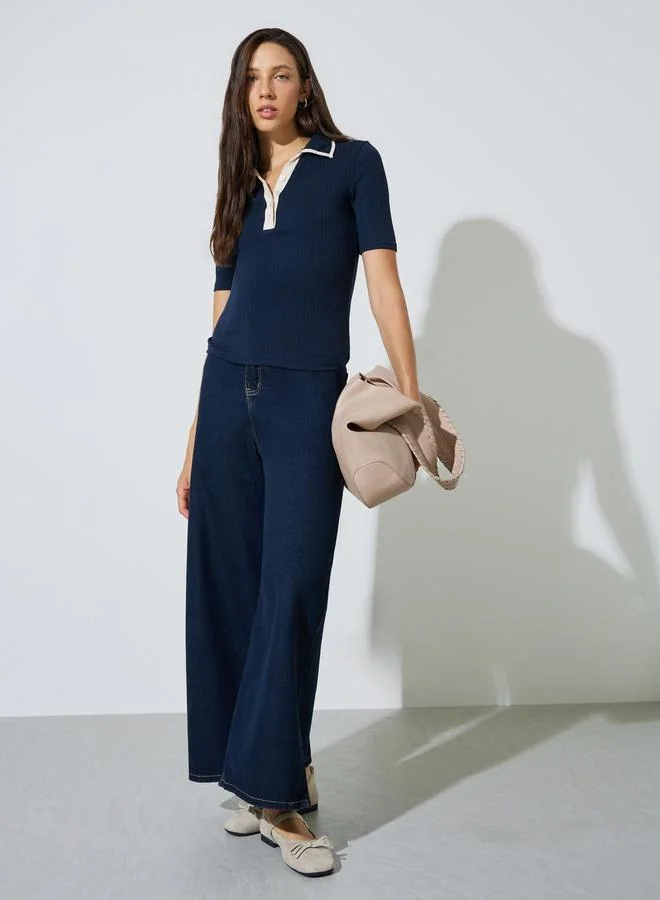 ستايلي Navy Blue Fitted Knit Top with Short Sleeves
