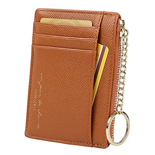 Cynure Women's 8 Cards Slim Minimalist Card Holder Coin Changes Purse Keychain Front Pocket Wallet, brown - Image 1