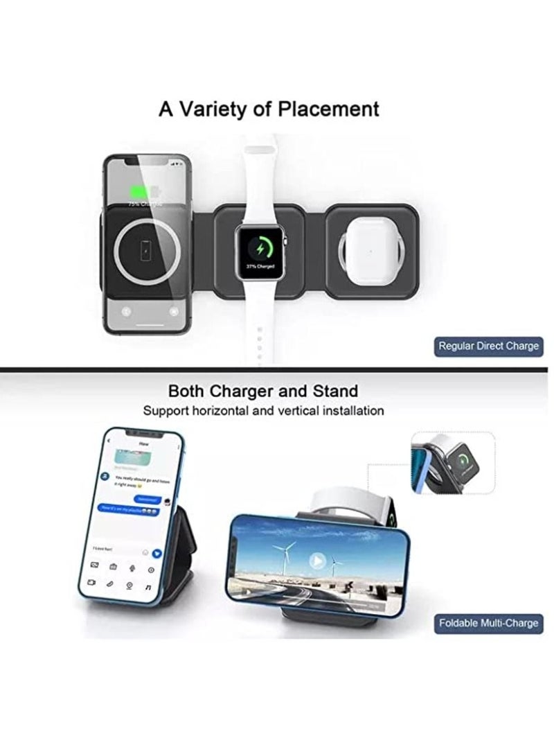Yuwell 3 in 1 Foldable Wireless Charger, Magnetic 3 in 1 Charging Station for Apple Multiple Devices, Travel 15W Fast Charger Wireless Charger For iPhone 15/14/13/12, Air pods 3/2/Pro, iWatch Charger Black - Image 2