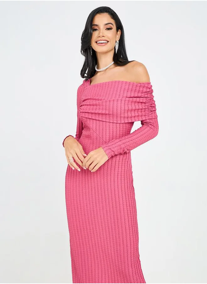 Styli Off Shoulder Neck Textured Shift Maxi Dress