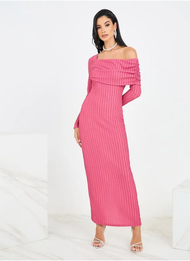 Styli Off Shoulder Neck Textured Shift Maxi Dress