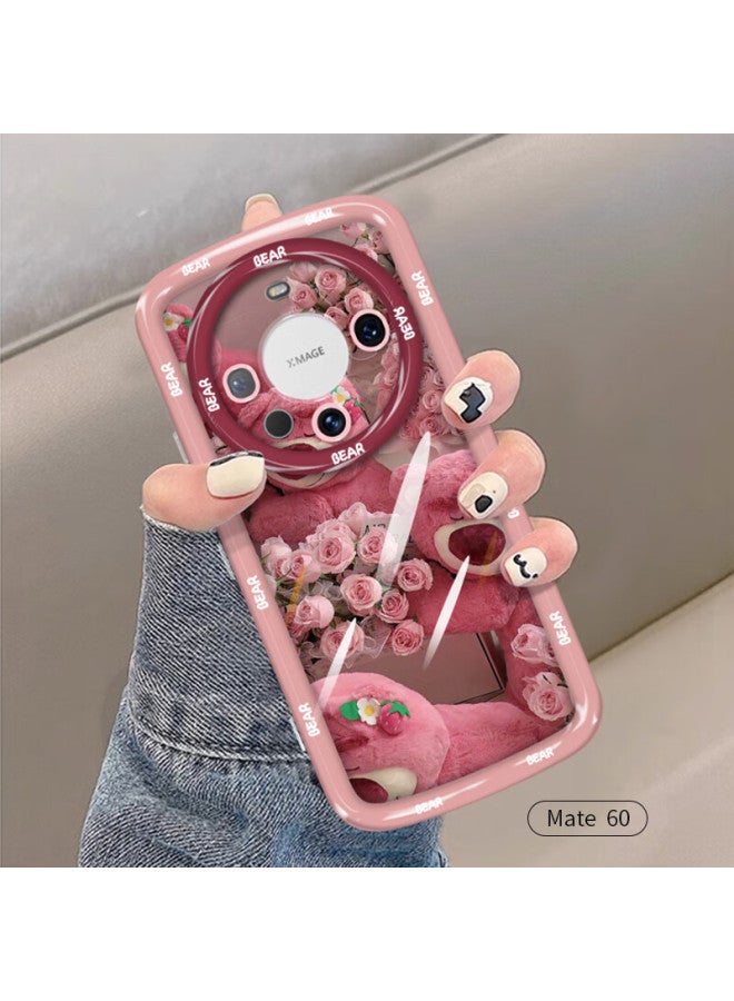 Inkaida Yingkaida Huawei Mate60 غطاء هاتف، حماية كاملة مضاد للسقوط ومضاد لبصمات الأصابع للرجال والنساء، غطاء منفوخ بتصميم دب وردي لطيف - Image 1