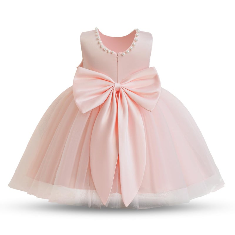 Nileafes Flower Girls Baby Tutu Wedding Party Satin Dress Infant Sleeveless Pearl Princess Pageant Ball Gown Size12-18M (12-18 Months, 075-Pink) - Image 1