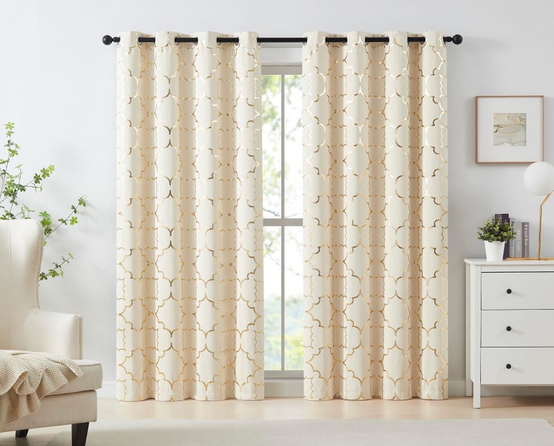 Purainbow Blackout Window Curtain For Bedroom Living Room Moroccan Foil Metallic Print Curtains Room Darkening Energy Saving Grommet 95% Blackout Drapes For Patio Hall Studio 2 Panels 52"" Wx63 L Beige/Gold - Image 2