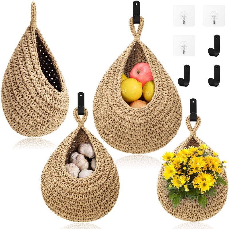 OGOTEZ Wall Hanging Baskets for Organizing - 3 Pack Hanging Fruit Basket with 6 Pcs Strong Hooks, Handwoven Onion Storage Teardrop Home Onion Basket for Fruits Vegetable Potato Kitchen Storage(Light Linen) - Image 1