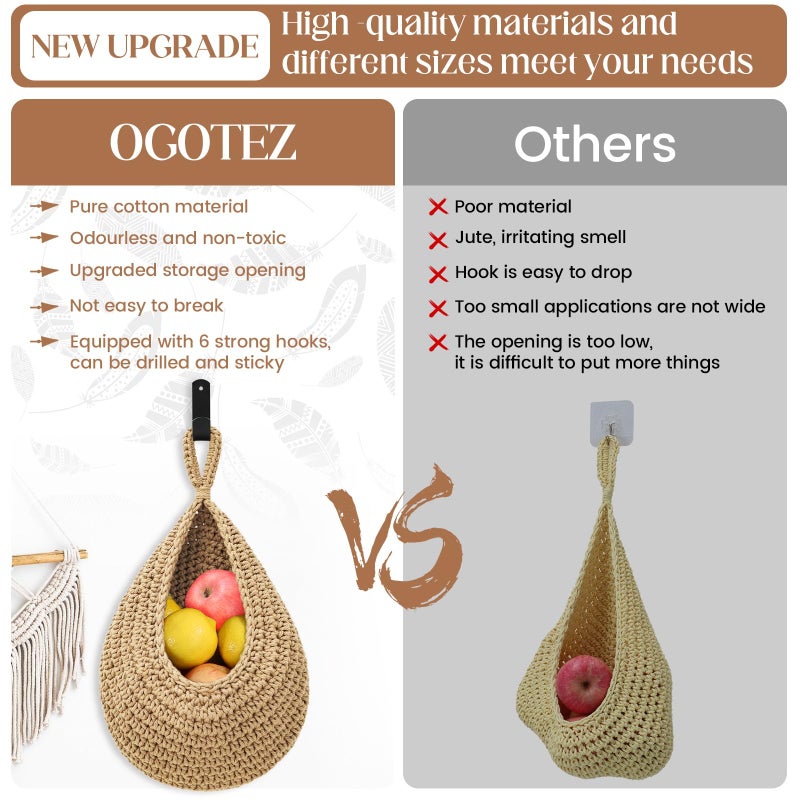 OGOTEZ Wall Hanging Baskets for Organizing - 3 Pack Hanging Fruit Basket with 6 Pcs Strong Hooks, Handwoven Onion Storage Teardrop Home Onion Basket for Fruits Vegetable Potato Kitchen Storage(Light Linen) - Image 2