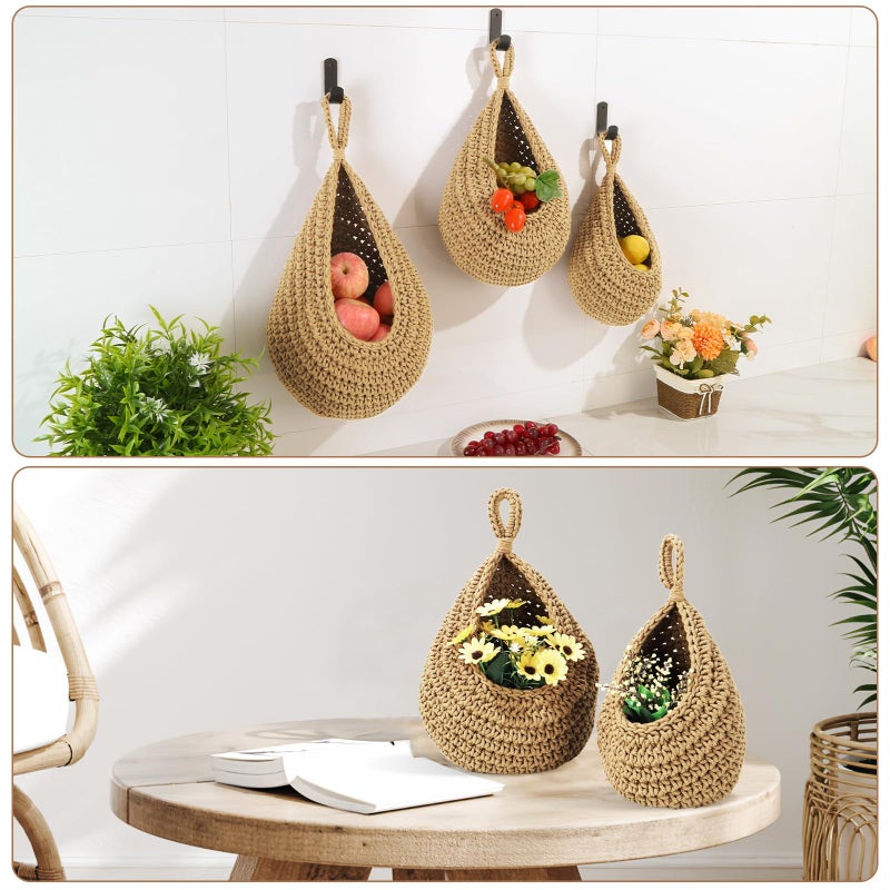 OGOTEZ Wall Hanging Baskets for Organizing - 3 Pack Hanging Fruit Basket with 6 Pcs Strong Hooks, Handwoven Onion Storage Teardrop Home Onion Basket for Fruits Vegetable Potato Kitchen Storage(Light Linen) - Image 5