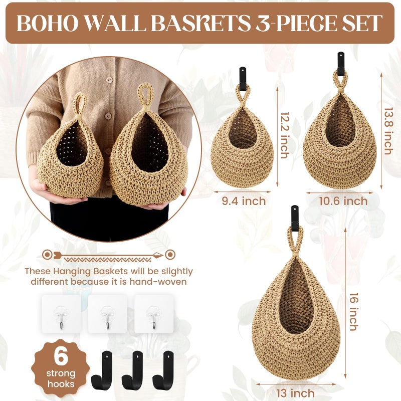 OGOTEZ Wall Hanging Baskets for Organizing - 3 Pack Hanging Fruit Basket with 6 Pcs Strong Hooks, Handwoven Onion Storage Teardrop Home Onion Basket for Fruits Vegetable Potato Kitchen Storage(Light Linen) - Image 4