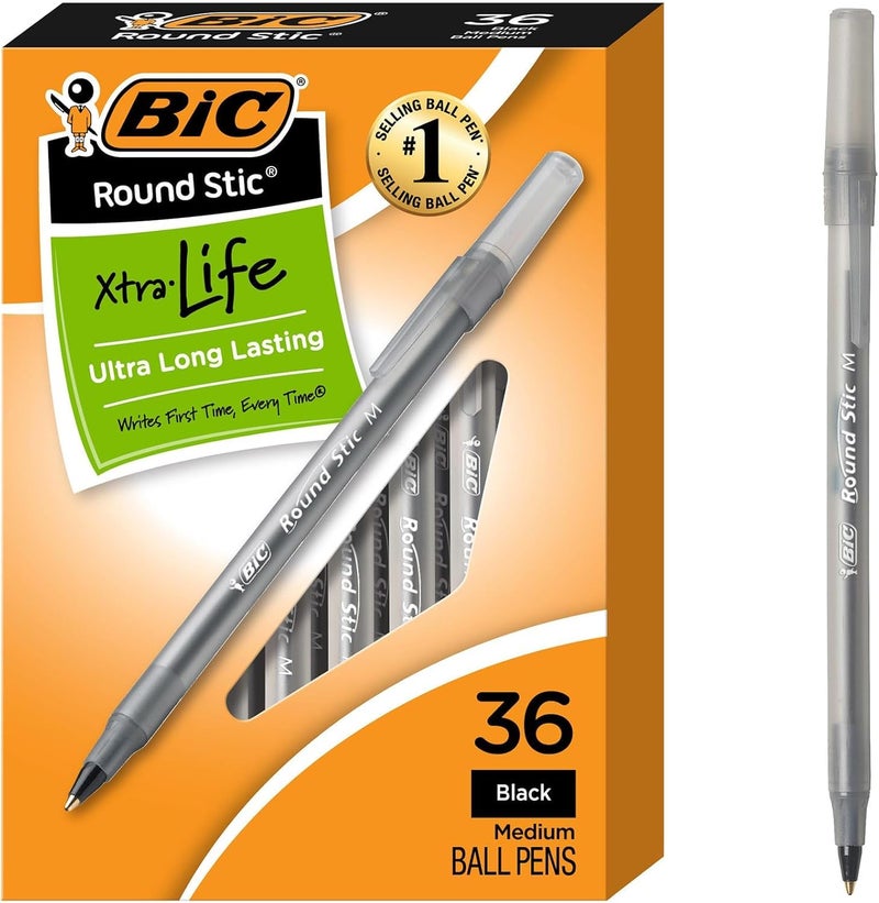 BIC Round Stic Xtra Life Black Ballpoint Pens, Medium Point (1.0mm), 36-Count Pack of Bulk Pens, Flexible Round Barrel for Writing Comfort, No. 1 Selling Ballpoint Pens - Image 1