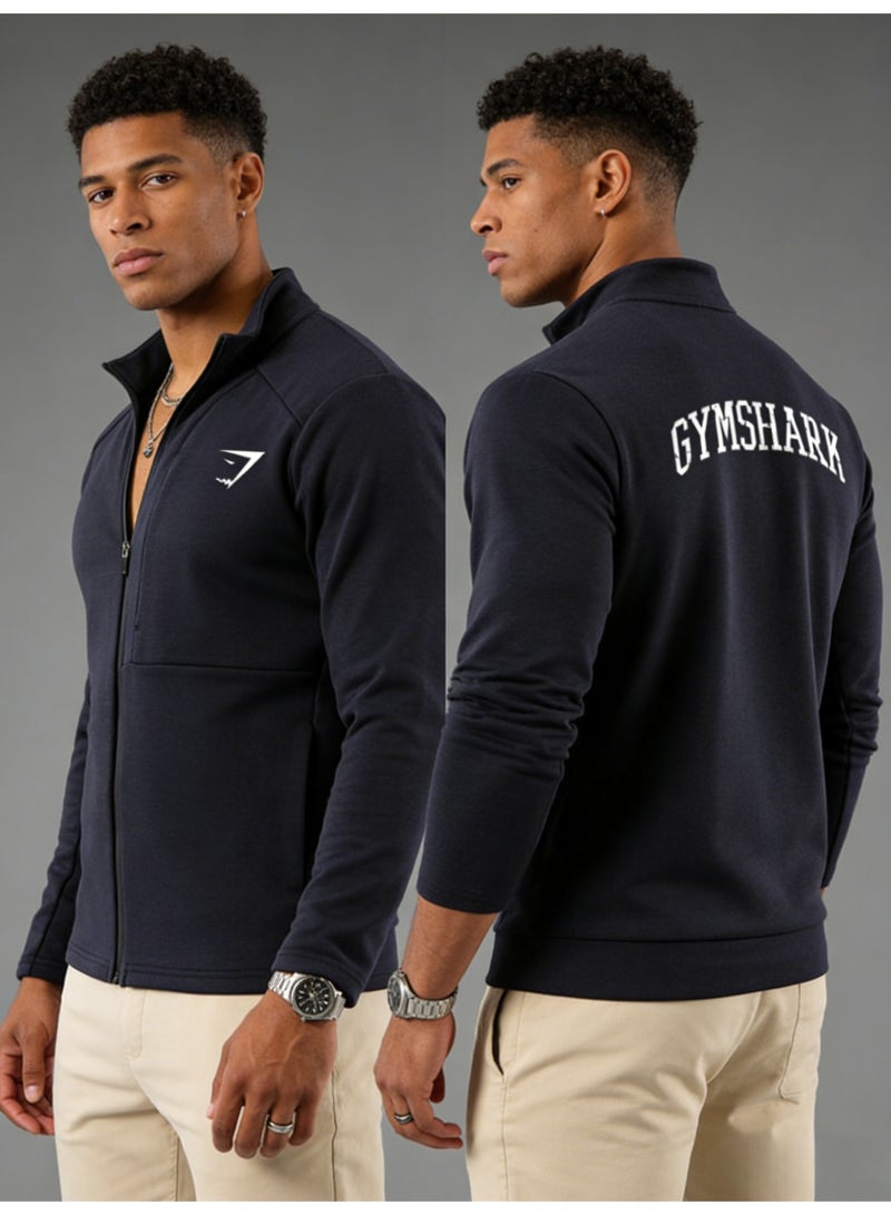 Gymshark Deep Blue Full Zipper Sports Jacket - High Performance Soft Fabric Sports Top with Brand Logo, Suitable for Gyms and Casual Styles - Image 1